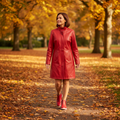 A woman in a red coat and Ziera Solange XF Leather Women's Ankle Boot Red walks along a tree-lined path covered with autumn leaves, smiling amid golden foliage., 51061, 4434750236376, 4434750236390, 4434750236413, 4434750236437, 4434750236451, 4434750236468