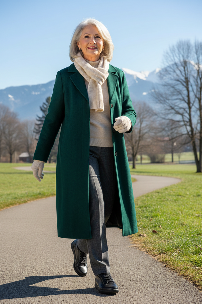 An older woman with gray hair walks outdoors on a paved path in a green coat, scarf, gloves, and Ziera Solar XW Women's Casual Sneaker Zip Black Leather. Behind her are grassy fields, leafless trees, and snow-capped mountains under a clear blue sky., 50991, 9355342550562, 9355342550579, 9355342550586, 9355342551439, 9355342551477, 9355342551491