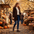A woman in a brown coat and jeans, wearing Ziera Solar XW Women's Casual Sneaker Zip Chocolate Brown Leather, strolls through an outdoor autumn market with pumpkins, apples, and fallen leaves as shoppers browse nearby stalls., 51019, 44347555285581, 4434755525604, 4434755525628, 4434755525642, 4434755525666, 4434755525673