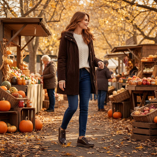 A woman in a brown coat and jeans, wearing Ziera Solar XW Women's Casual Sneaker Zip Chocolate Brown Leather, strolls through an outdoor autumn market with pumpkins, apples, and fallen leaves as shoppers browse nearby stalls., 51019, 44347555285581, 4434755525604, 4434755525628, 4434755525642, 4434755525666, 4434755525673