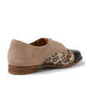 The Ziera Tobin XF Women's Flat Brogue features a glossy black leather toe, taupe suede back, leopard print sides, brown laces, a low wooden heel, and a removable Comfort Plus footbed for enhanced support., 51040, 4434755462978, 4434755462985, 4434755462992, 4434755463005, 4434755463012, 4434755463029