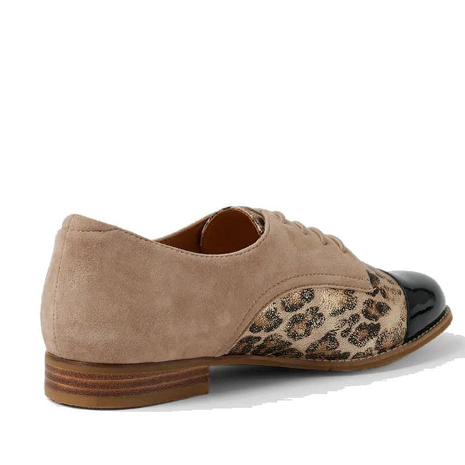 The Ziera Tobin XF Women's Flat Brogue features a glossy black leather toe, taupe suede back, leopard print sides, brown laces, a low wooden heel, and a removable Comfort Plus footbed for enhanced support., 51040, 4434755462978, 4434755462985, 4434755462992, 4434755463005, 4434755463012, 4434755463029