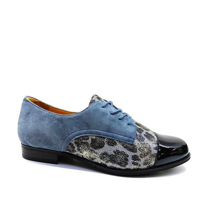 The Ziera Tobin XF Women's Flat Brogue in Black Slate Blue features a blue suede upper, black patent leather toe, gray and black animal print side panel, blue laces, low black heel, and a Comfort Plus footbed for all-day comfort., 4434755462862, 4434755462879, 4434755462886, 4434755462893, 4434755462909, 4434755462916, 51053