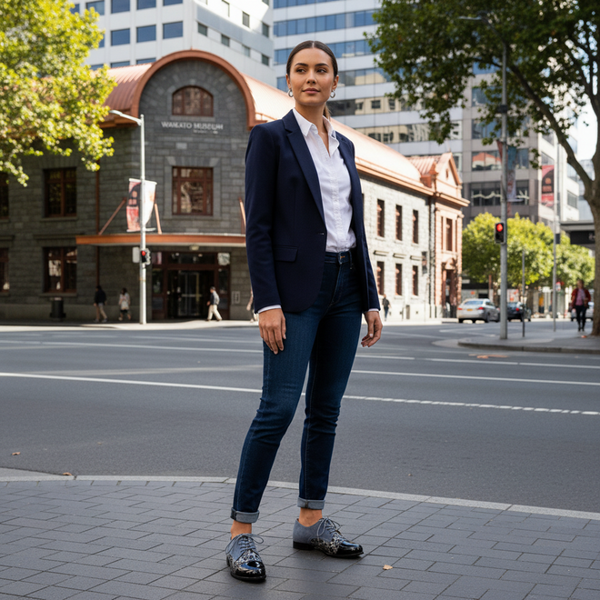 A woman in a navy blazer, white shirt, and jeans stands confidently on a city sidewalk wearing Ziera Tobin XF Women's Flat Brogue Black Slate Blue shoes. Historic and modern buildings, trees, and traffic signals fill the background., 4434755462862, 4434755462879, 4434755462886, 4434755462893, 4434755462909, 4434755462916, 51053