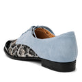 The Ziera Tobin XF Women's Flat Brogue in Black Slate Blue is a stylish oxford with light blue suede, black patent toe, and snakeskin-patterned side, seen from the back. It features a removable Comfort Plus footbed for extra support., 4434755462862, 4434755462879, 4434755462886, 4434755462893, 4434755462909, 4434755462916, 51053