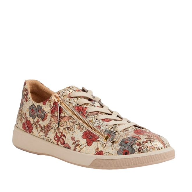 The Ziera Aito XF Women’s Casual Sneaker Zip Red Floral Print features beige leather with red and blue floral patterns, beige laces, and a convenient side zipper. Displayed on a white background, these sneakers are designed with high arch support for added comfort throughout the day.