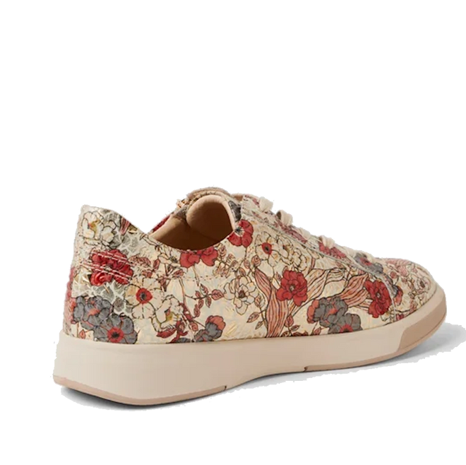 The Ziera Aito XF Women’s Casual Sneaker Zip in Red Floral Print features cream-colored leather accented with a red and gray floral design, a beige sole, and white laces. Designed with high arch support, the sneaker is shown from the back left side against a plain background., 54315, 9361118069305, 9361118069312, 9361118069329, 9361118069336, 9361118069343, 9361118069350, 54322
