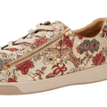 The Ziera Aito XF Women’s Casual Sneaker Zip in Red Floral Print features cream-colored leather accented with a red and beige floral pattern, a gold side zipper, beige laces, and intricate stitched detailing. Designed with extra width and high arch support for comfort, this sneaker is finished with a thick, light-colored sole., 54315, 9361118069305, 9361118069312, 9361118069329, 9361118069336, 9361118069343, 9361118069350, 54322
