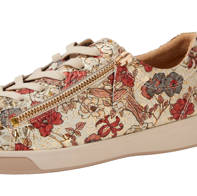 The Ziera Aito XF Women’s Casual Sneaker Zip in Red Floral Print features cream-colored leather accented with a red and beige floral pattern, a gold side zipper, beige laces, and intricate stitched detailing. Designed with extra width and high arch support for comfort, this sneaker is finished with a thick, light-colored sole., 54315, 9361118069305, 9361118069312, 9361118069329, 9361118069336, 9361118069343, 9361118069350, 54322