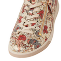 A close-up of the Ziera Aito XF Women’s Casual Sneaker Zip in Red Floral Print, featuring an extra wide fit, cream laces, a side zipper, and a red, gray, and pink floral pattern on a white background., 54315, 9361118069305, 9361118069312, 9361118069329, 9361118069336, 9361118069343, 9361118069350, 54322
