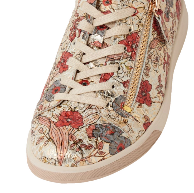 A close-up of the Ziera Aito XF Women’s Casual Sneaker Zip in Red Floral Print, featuring an extra wide fit, cream laces, a side zipper, and a red, gray, and pink floral pattern on a white background., 54315, 9361118069305, 9361118069312, 9361118069329, 9361118069336, 9361118069343, 9361118069350, 54322