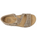 Ziera Bizza Pale Gold XW Women’s Leather Sandal featuring pale gold leather with laser-cut floral patterns, an ankle strap with buckle closure, and a cushioned Ziera Super Support footbed designed for high arch support, shown from above against a white background.