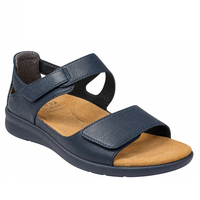 Ziera Bopen Navy XW Women’s Leather Closed Back Sandal features two adjustable Velcro straps, a cushioned tan insole, and a wide fit design for superior comfort and support.