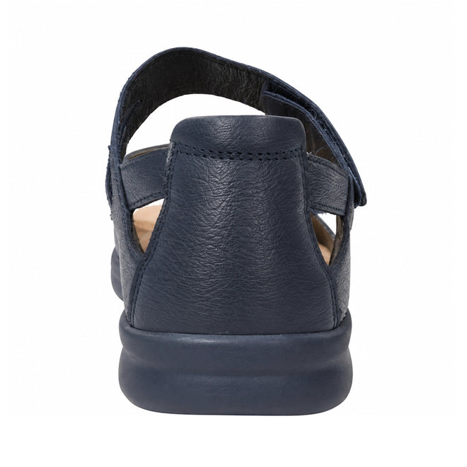 Rear view of the Ziera Bopen Navy XW Women’s Leather Closed Back Sandal, featuring a cushioned sole, open sides, Velcro strap, closed heel, and an extra wide fit for enhanced comfort.