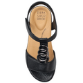 The Ziera Navvon Black XW Women’s Leather Slingback Sandal features a black open-toe design with a tan insole labeled Ziera Super Support. This sandal is adorned with a decorative metal chain on the front strap and includes a supportive heel strap, delivering excellent arch support for all-day comfort.