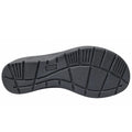 The Ziera Navvon Black XW Women’s Leather Slingback Sandal features a black rubber sole with textured tread patterns, including horizontal and vertical grooves, squares, and rectangles. The Ziera brand is embossed in the center of the sole. Engineered for comfort with excellent arch support, this sandal pairs perfectly with the casual leather wedge design and includes a removable super support footbed. The image background is plain white.