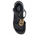 The Ziera Nextime Black Leather Womens Sandal with Closed Back XW is shown from a top-down view against a white background. This black sandal features an ankle strap and gold decorative rings on the front, with “Ziera Super Support” printed on the insole to emphasize its orthotic compatible design.