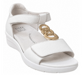 The Ziera Nextime White Women’s Leather Sandal XW Closed Back features a white leather upper with an open toe, thick sole, adjustable ankle strap, and gold chain embellishment. The insole displays the Ziera SUPER SUPPORT text and is designed for orthotic compatibility—making it ideal for those seeking wide fit shoes from the Ziera Nextime collection.