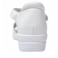 Back view of the Ziera Nextime White Womens Leather Sandal XW Closed Back, crafted in white leather with a low wedge heel and a hook-and-loop strap on the left side, shown against a white background. Designed for extra wide fit comfort and orthotic compatibility, this style provides all-day support without compromising on elegance.