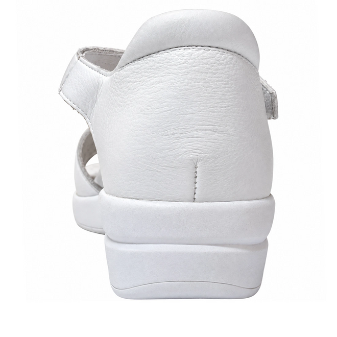 Back view of the Ziera Nextime White Womens Leather Sandal XW Closed Back, crafted in white leather with a low wedge heel and a hook-and-loop strap on the left side, shown against a white background. Designed for extra wide fit comfort and orthotic compatibility, this style provides all-day support without compromising on elegance.