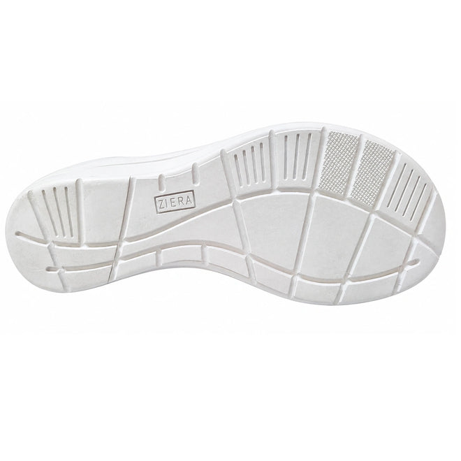 Experience exceptional comfort and stability with the Ziera Nextime White Womens Leather Sandal XW Closed Back. This sandal features a white rubber sole with assorted textured patterns and grooves for reliable grip, along with the ZIERA brand name embossed in a rectangular detail near the center. Crafted for a wide fit and orthotic compatibility, it reflects the Ziera Nextime dedication to quality and support.