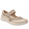 The Ziera Sanelle XF Almond Women’s Leather Summer Mary Janes feature elegant flower cut-outs, a convenient Velcro strap, and a white textured sole. Designed for an extra wide fit and superior comfort, these casual sneakers offer high arch support—making them the perfect choice for stylish everyday wear.