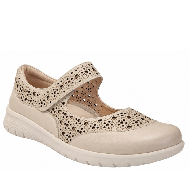 The Ziera Sanelle XF Almond Women’s Leather Summer Mary Janes feature elegant flower cut-outs, a convenient Velcro strap, and a white textured sole. Designed for an extra wide fit and superior comfort, these casual sneakers offer high arch support—making them the perfect choice for stylish everyday wear.