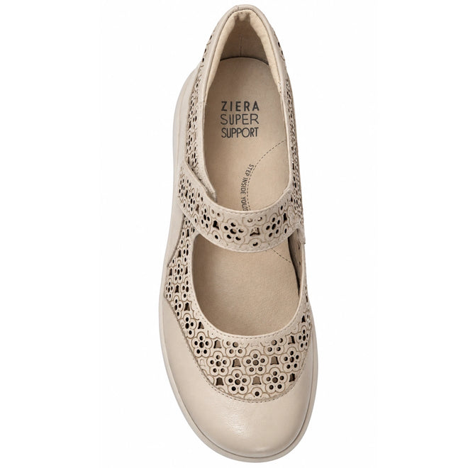 A single Ziera Sanelle XF Almond women’s leather summer Mary Jane shoe is shown from above on a plain white background, featuring a beige color with floral cut-outs and a Velcro strap for closure, designed with high arch support., 54099, 54100, 4434748817297, 4434748817303, 4434748817310, 4434748817327, 4434748817334