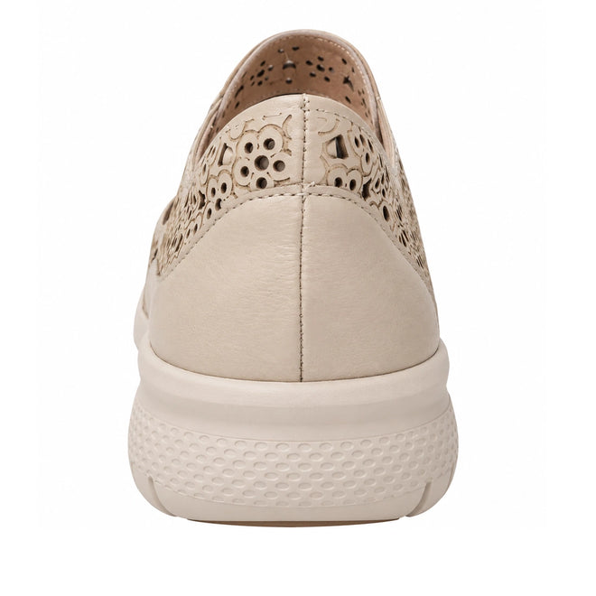 Rear view of the Ziera Sanelle XF Almond women’s leather Mary Janes, featuring a beige upper with floral cut-out detailing and a textured white sole, designed to provide high arch support., 54099, 54100, 4434748817297, 4434748817303, 4434748817310, 4434748817327, 4434748817334