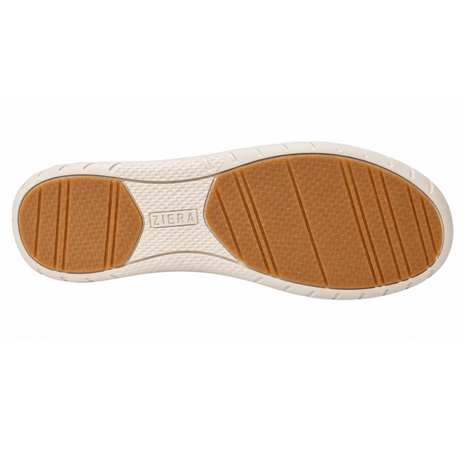 The image shows the sole of the Ziera Sanelle XF Almond Women’s Leather Summer Mary Janes with flower cut outs. The outsole is light brown with white edges and features textured and grooved patterns for grip, offering both style and high arch support, with the brand name ZIERA in the center., 54099, 54100, 4434748817297, 4434748817303, 4434748817310, 4434748817327, 4434748817334