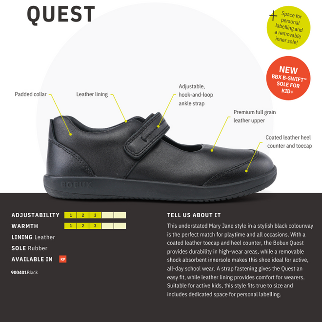 Bobux Kid+ Black School Leather Shoe Quest Mary Jane
