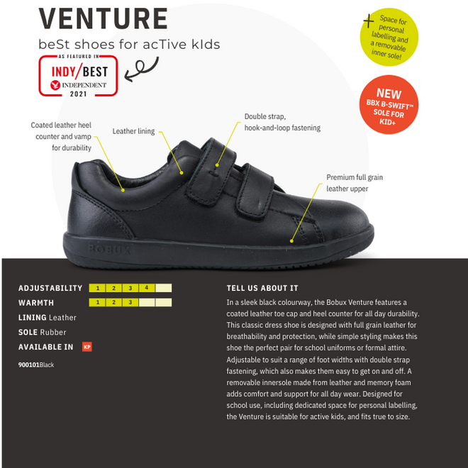 Bobux Kid+ Black School Leather Shoe Venture  Trainer