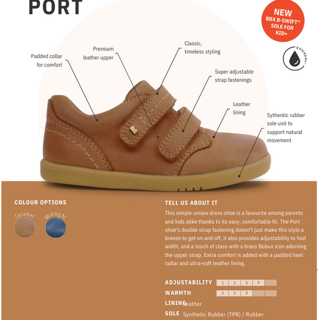 The Bobux Step Up Port Shoe Midnight Blue727718 is a unisex children’s dress shoe with two Velcro straps, padded collar, leather upper for comfort and style, and a synthetic rubber sole. Ideal as first walkers and available in caramel or midnight., 9420068525566, 9420068525573, 9420068525559