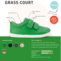 The Bobux Kids + Plus Grass Court Rose Gold Velcro Trainers 832455 are shown with double velcro straps, a leather upper, cotton knit lining, padded collar, and flexible rubber sole. Color options and details appear on a white and green background., 9420071315741, 9420071315758, 9420071315765, 9420071315772, 9420071315789, 9420071315802, 9420071315796
