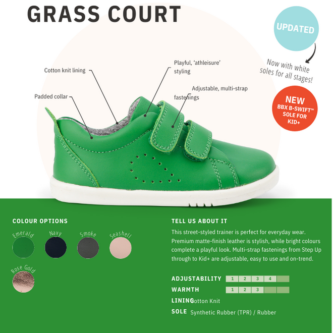 The Bobux Kids + Plus Grass Court Smoke Grey Velcro Trainers 832446 are leather kids' street shoes with adjustable velcro straps, shown on a white background. Features and description highlight their playful style, comfort, and multiple color options., 9420068518025, 9420068518032, 9420068518049, 9420068518056, 9420068518063, 9420068518070, 9420068518087