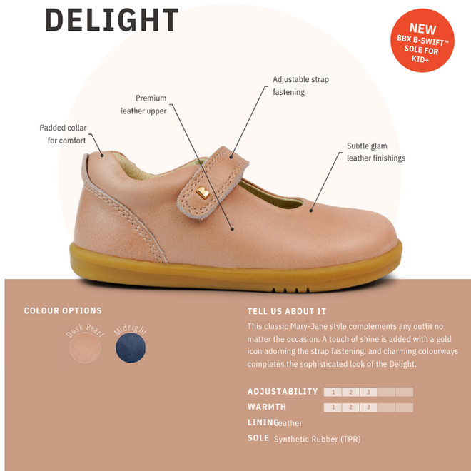 The Bobux Kid+ Delight Mary Jane Navy 831615Z is a classic children’s shoe with a Velcro strap, padded collar, gold button accent, and rubber sole. Available in navy or tan, it offers comfort and adjustability for everyday wear., 9420075721210, 9420075721227, 9420075721234, 9420075721241, 9420075721258, 9420068516847, 9420068516854