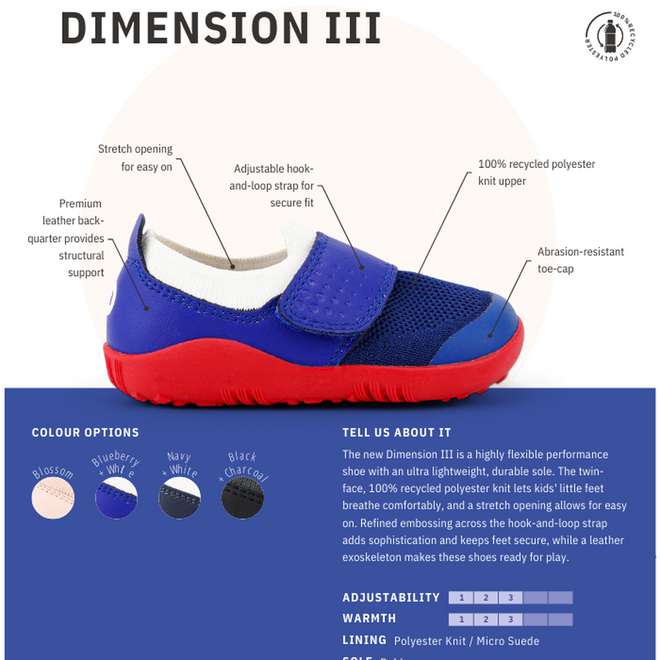 The Bobux Step Up SU Dimension III Blueberry First Walker, shown in blue and red, features a recycled polyester knit, abrasion-resistant toe for protection, premium leather, a stretch opening, flexible sole, and hook-and-loop strap. CLEARANCE item; not returnable., 9420068533042, 9420068533059, 9420068533066, 9420068533073