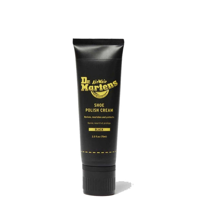 Image of right foot, side on of Dr Martens Polish Nourishing Shoe Creme Black Tube-Foot Forward Shoes