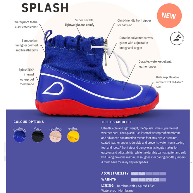 The Bobux Kid+ Splash Boot Waterproof Navy 839004 is a kids’ boot in navy and red, featuring a flexible sole, bamboo knit lining, elastic collar, and easy-on tab. Shown in three color options with product details and specs listed beside the boot., 9420068528086, 9420068528093, 9420068528109, 9420068528116, 9420068528123, 9420068528130, 9420068528147