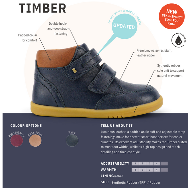The Bobux Iwalk Timber Navy Leather Boot 632619 is a dark blue unisex kids’ boot with double adjustable straps, brown padded collar, yellow rubber sole, and premium full-grain leather. Side tabs display color options: burgundy, pink, and navy., 9420068529298, 9420068529304, 9420068529311, 9420068529328, 9420068529335