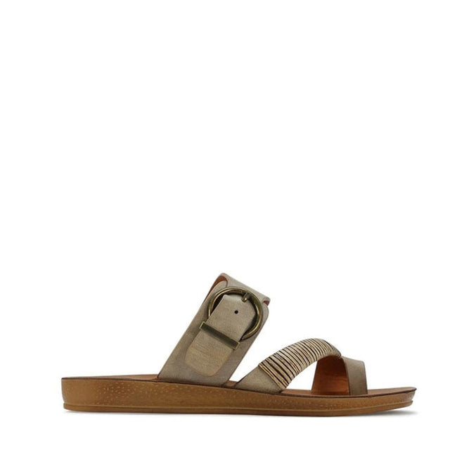 Los Cabos Bria Taupe Light Flexible Sandal Jandal- showing side view of the right foot of the comfy flexible synthetic sandals slides for women