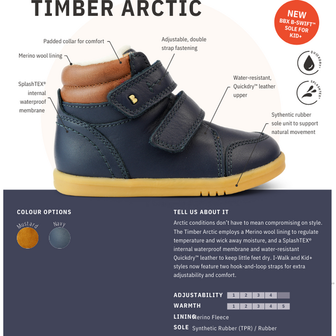 The Bobux Kid+ Timber Arctic Waterproof Boot Navy 836003E is a unisex kids leather boot with a tan collar, yellow sole, dual hook-and-loop straps, warm merino lining, waterproof membrane, and flexible rubber sole. Shown in mustard and navy., 9420068529489, 9420068529496, 9420068529502, 9420068529519, 9420068529526, 9420068529533, 9420068529540