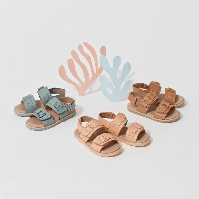 A pair of Pretty Brave Alex Leather Sandal in Coral (sizes 29-33, CLEARANCE NOT RETURNABLE) is displayed on a white surface with abstract coral and plant shapes. The sandal features adjustable velcro straps for a secure fit., 9421036357554, 9421036357561, 9421036357578, 9421036357585, 9421036357592
