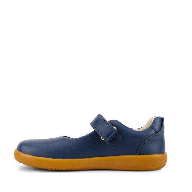 The Bobux Kid+ Delight Mary Jane Navy 831615Z is a single classic navy leather shoe for girls, featuring a hook-and-loop strap and light brown rubber sole. Displayed in side profile on white, it’s ideal for stylish girls’ shoe collections., 9420075721210, 9420075721227, 9420075721234, 9420075721241, 9420075721258, 9420068516847, 9420068516854