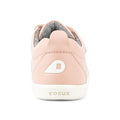 A close-up rear view of the Bobux KP Kid Plus Grass Court Seashell Pink 832448 kids trainer shows a pale pink leather upper, white sole, gray lining, double velcro straps, a white B logo on the heel, and BOBUX text on the back., 9420075792579, 9420075793040, 9420075793125, 9420075794306, 9420075791602, 9420068517837, 9420068517844