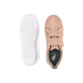 A pair of Bobux Kids + Plus Grass Court Rose Gold Velcro Trainers (832455) for children with a leather upper and double velcro straps; one shoe is shown from above, the other from below to display the white textured sole., 9420071315741, 9420071315758, 9420071315765, 9420071315772, 9420071315789, 9420071315802, 9420071315796