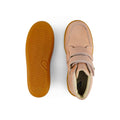 The Bobux Kids Plus KP Timber Boot Dusk Pearl Pink 832918 features smooth pink leather, tan rubber soles with a wavy tread, and double hook-and-loop straps. One shoe is shown from the bottom; the other displays the top view., 9420068534308, 9420068534315, 9420068534322, 9420068534339, 9420068534346, timberd32, timberd33