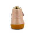 A rear view of the Bobux Kids Plus KP Timber Boot Dusk Pearl Pink 832918 shows smooth pearl pink leather, visible stitching, a soft padded collar, and a light brown sole inspired by Timberland boots, set against a white background., 9420068534308, 9420068534315, 9420068534322, 9420068534339, 9420068534346, timberd32, timberd33