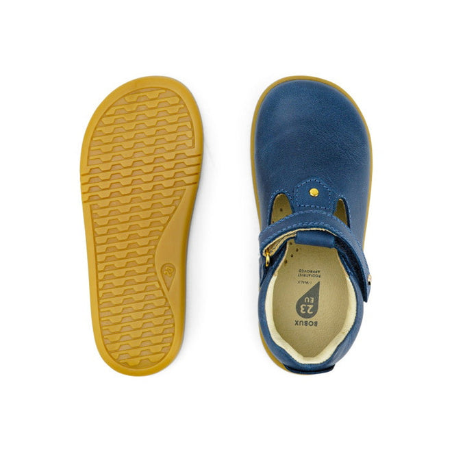 The Bobux IW Iwalk Louise Midnight Blue 633030 children’s T Bar shoes are shown from above and below, displaying a blue leather upper, yellow-brown rubber sole with wavy tread, and a velcro strap across the top., 9420068521841, 9420068521858, 9420068521865, 9420068521872, 9420068521889