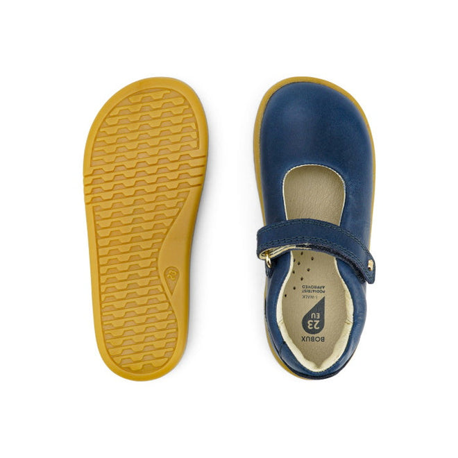 The Bobux Iwalk Delight Mary Jane Midnight Blue 628048 is a child’s shoe with a blue leather upper, yellow rubber soles, velcro strap, and rounded toes, shown from top and bottom views., 9420068516748, 9420068516755, 9420068516762, 9420068516779, 9420068516786